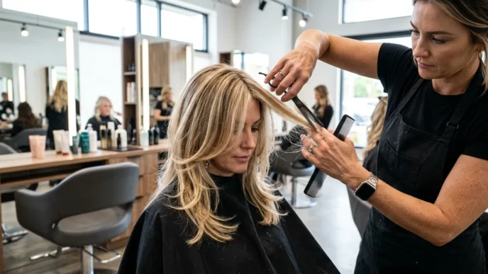 Professional stylist cutting blonde layered hair in modern salon with bright lighting and cutting cape