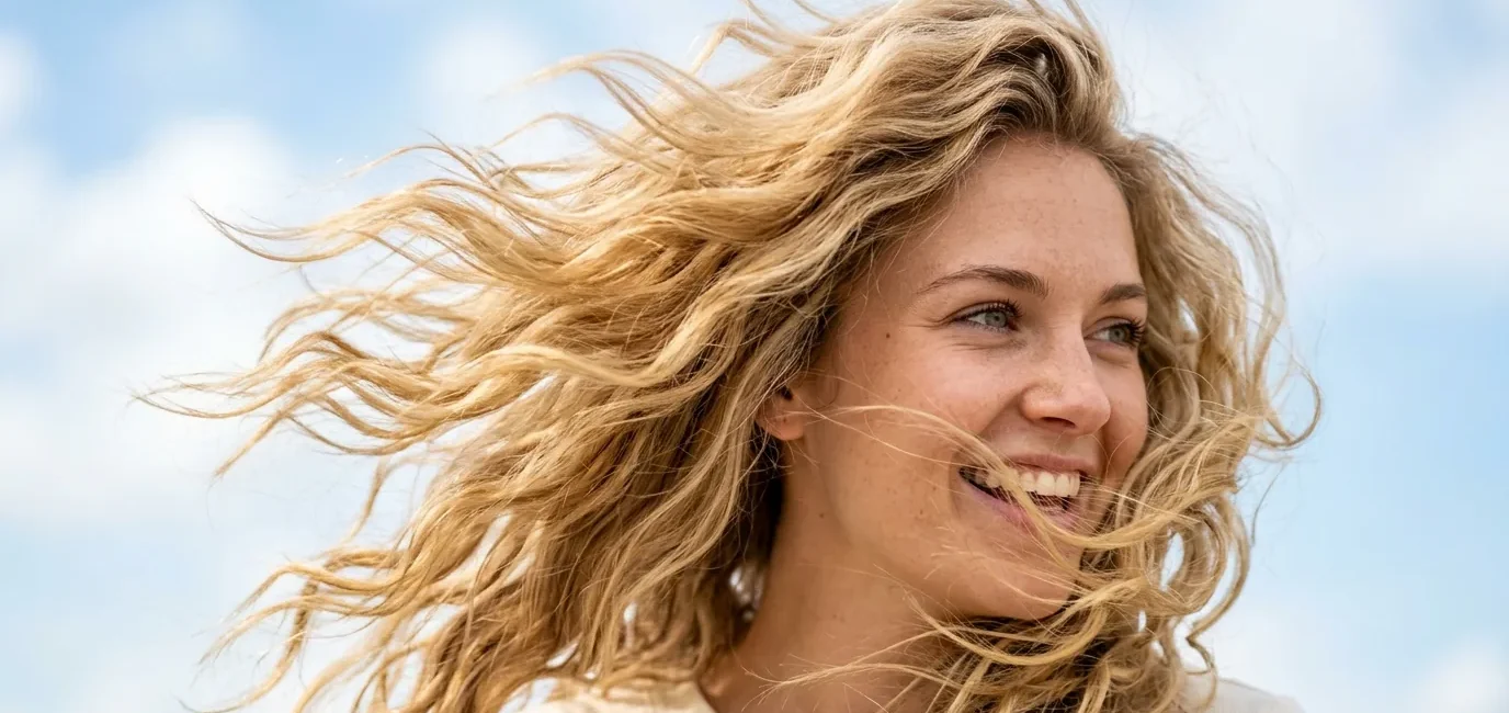 Woman with blonde wavy hair caught in natural wind movement showing individual strand texture and golden highlights