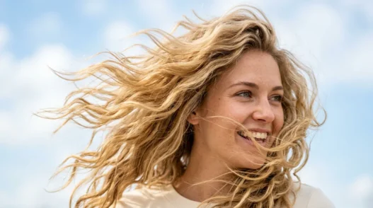 Woman with blonde wavy hair caught in natural wind movement showing individual strand texture and golden highlights