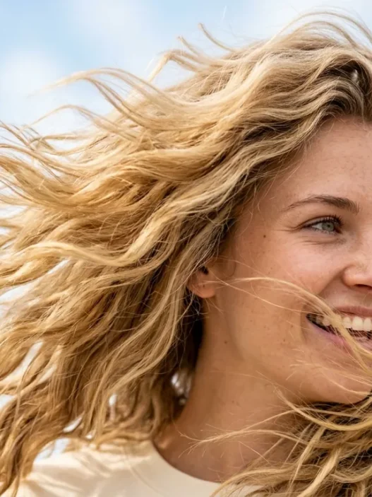 Woman with blonde wavy hair caught in natural wind movement showing individual strand texture and golden highlights