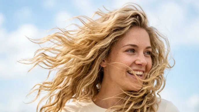 Woman with blonde wavy hair caught in natural wind movement showing individual strand texture and golden highlights