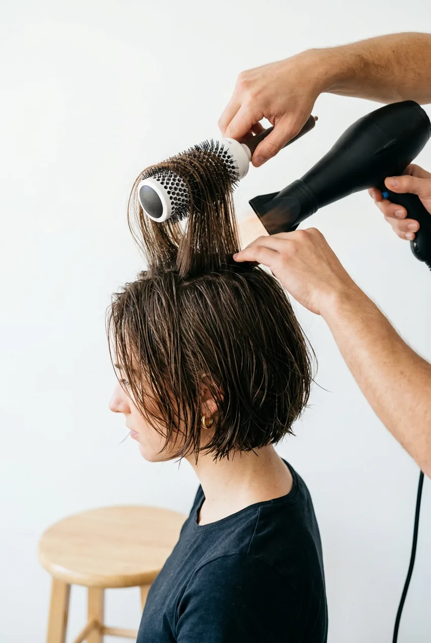 Blow dryer and round brush creating volume at crown of French bob hairstyle