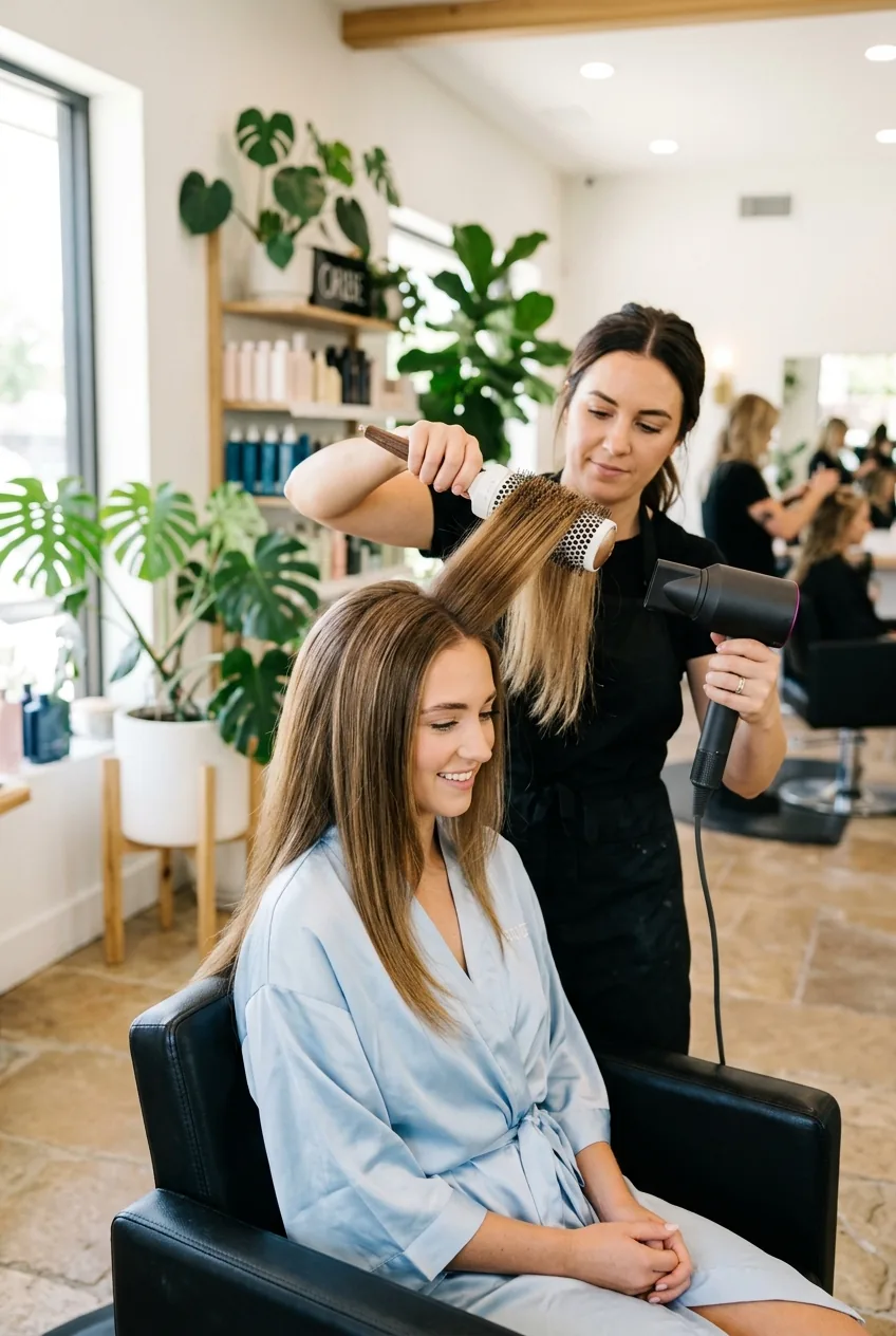 Woman getting hair blow-dried smooth with round brush as base preparation for wedding hairstyle