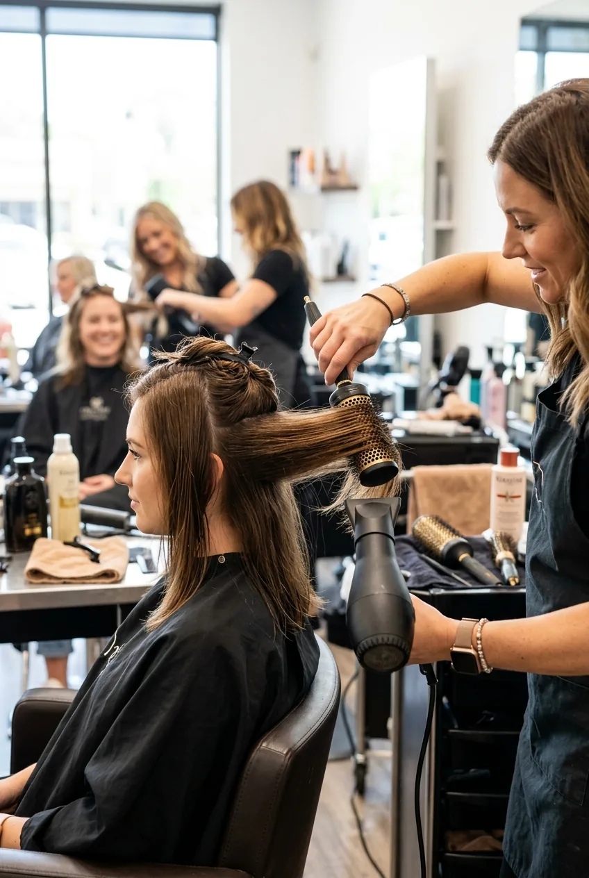 Hands demonstrating blow dry technique with round brush on sectioned medium hair