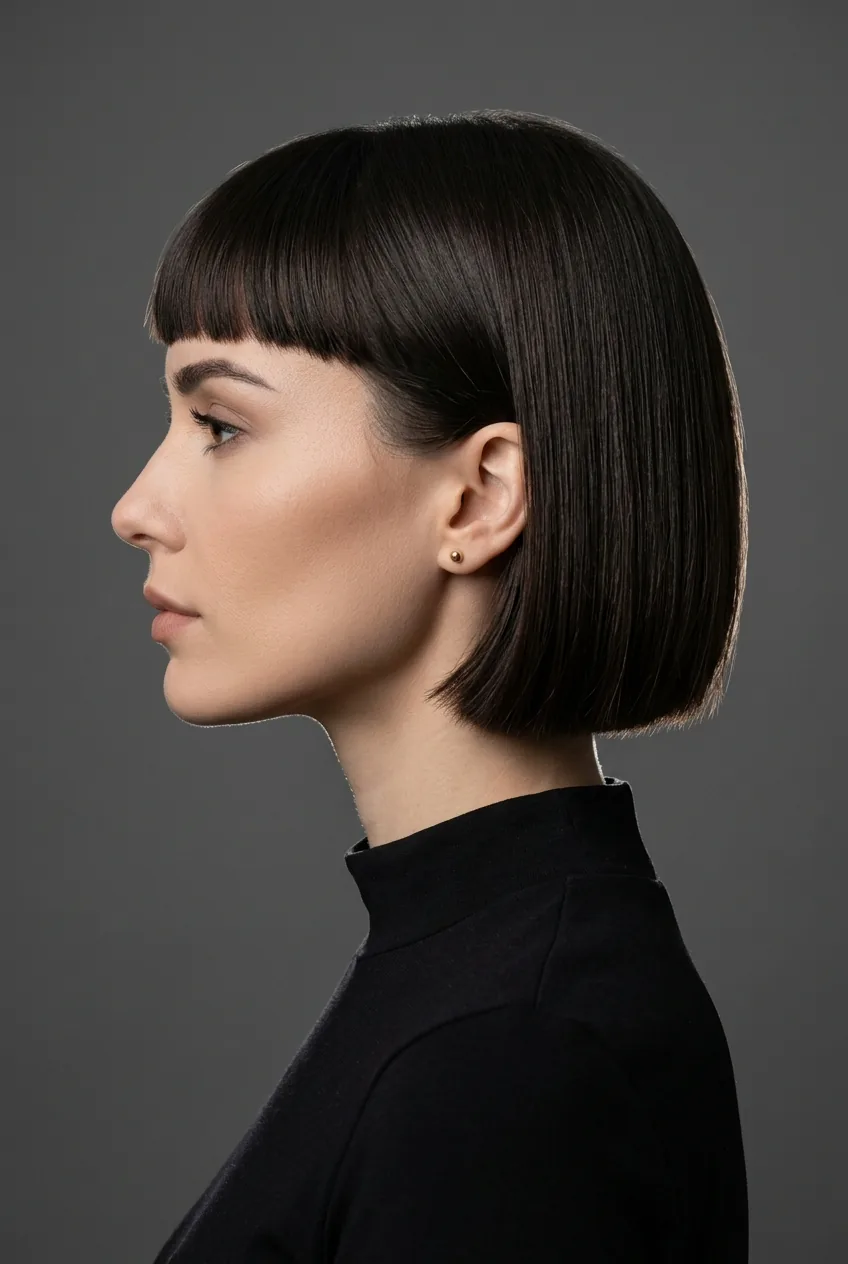 Woman with blunt bob and micro bangs displaying geometric precision in side profile view