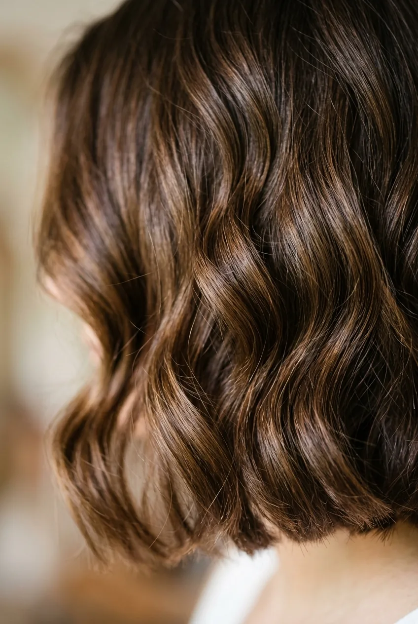 Blunt bob haircut with natural wavy texture showing clean lines and wave formation