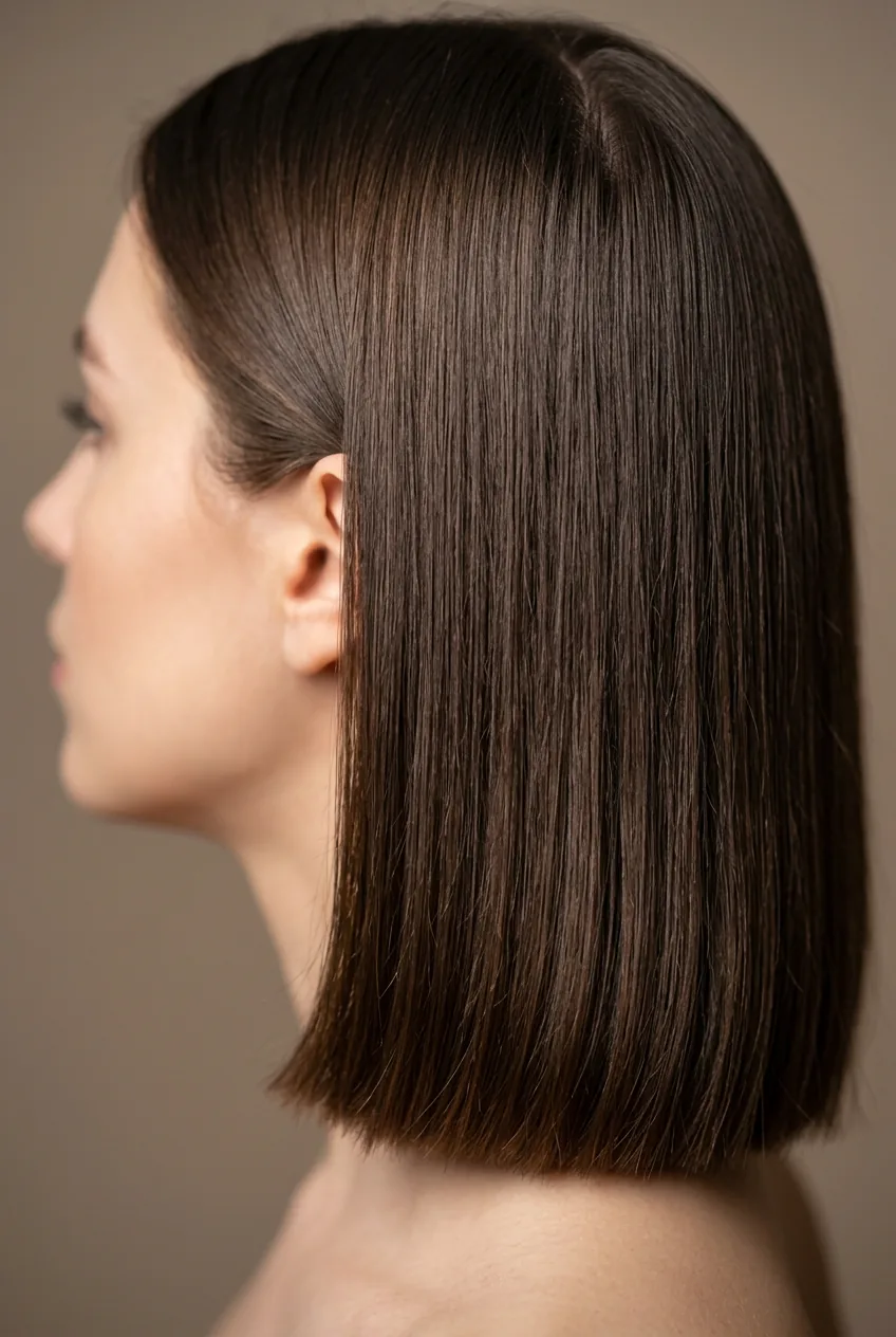 Blunt-cut mid-length hair showing clean precise ends