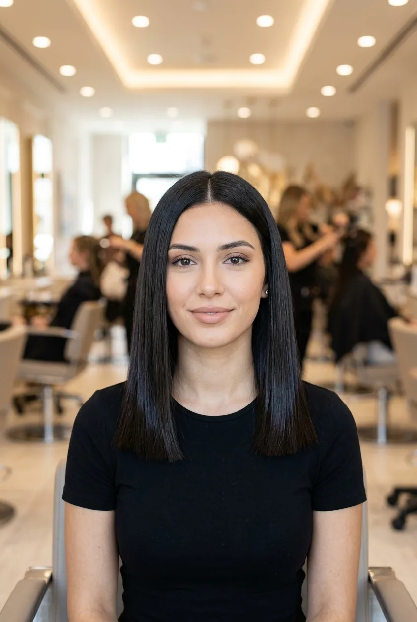 Blunt midi haircut with perfectly even line on thick straight hair in front-facing view