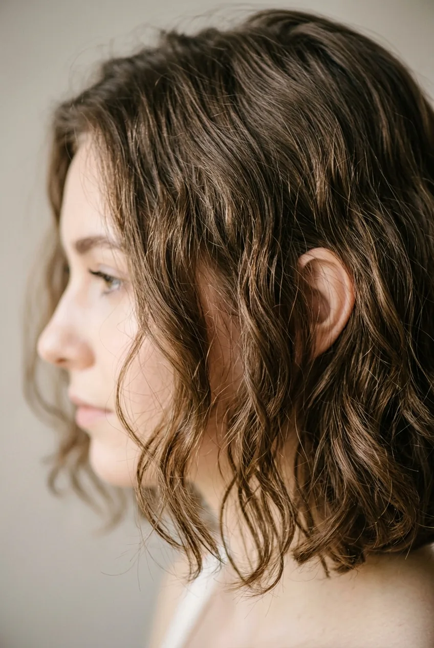 Woman showing bob cut in growing out phase with tousled texture at jaw length