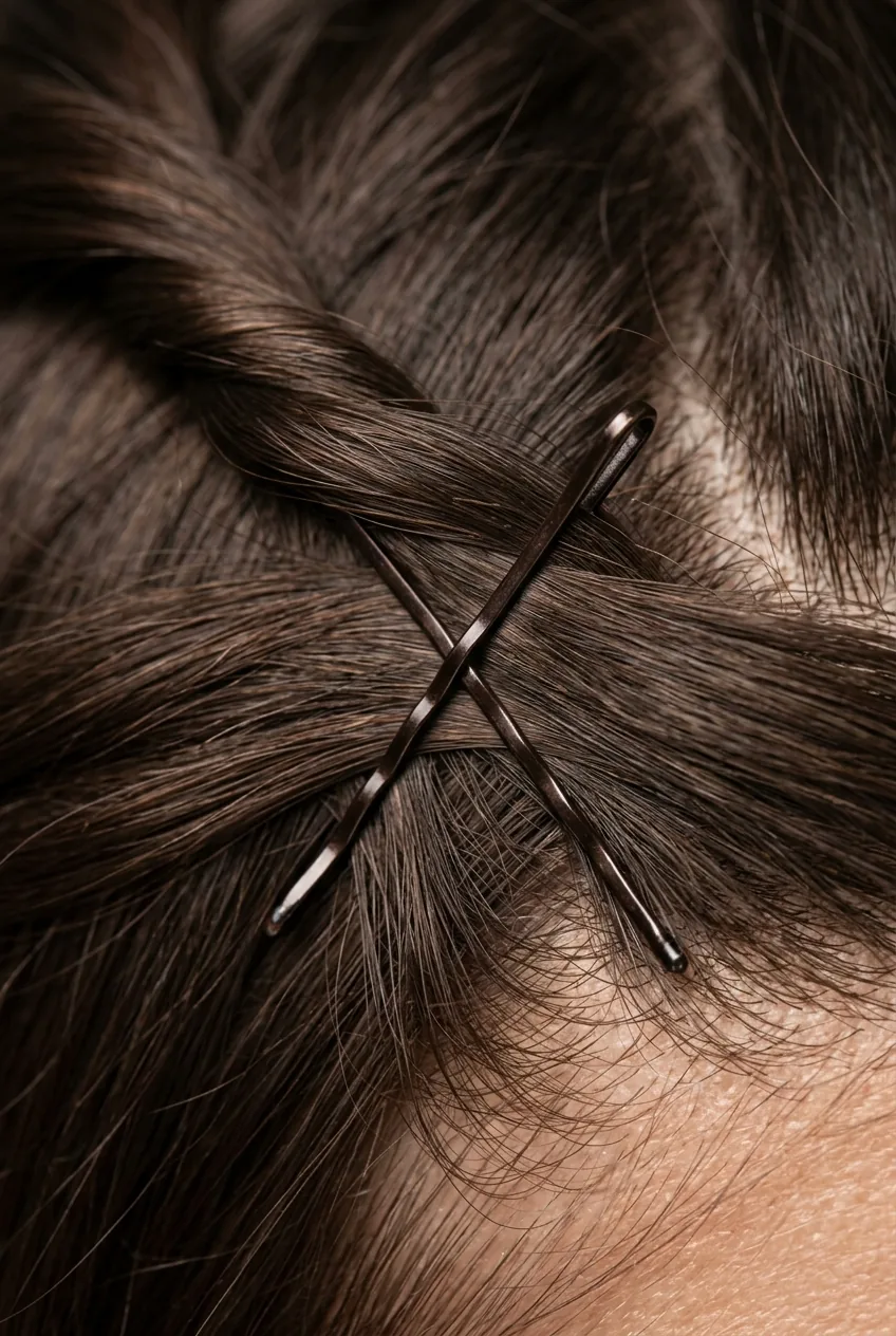 Macro view of bobby pins arranged in crossing X-pattern through twisted hair sections