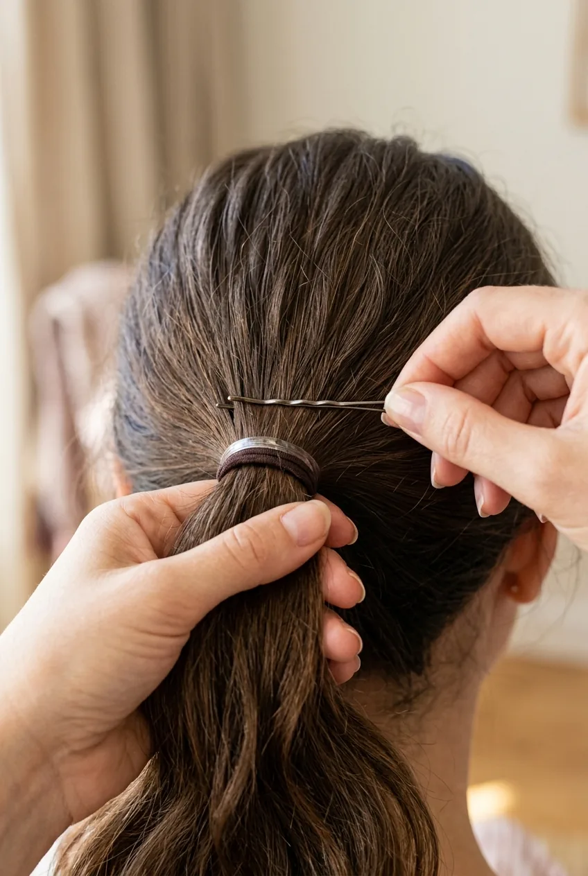 Detailed view of bobby pin being inserted horizontally through ponytail base for security