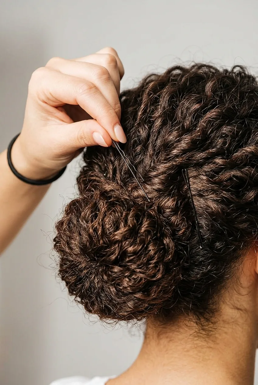 Close-up demonstration of proper bobby pin placement technique in curly hair updo styling