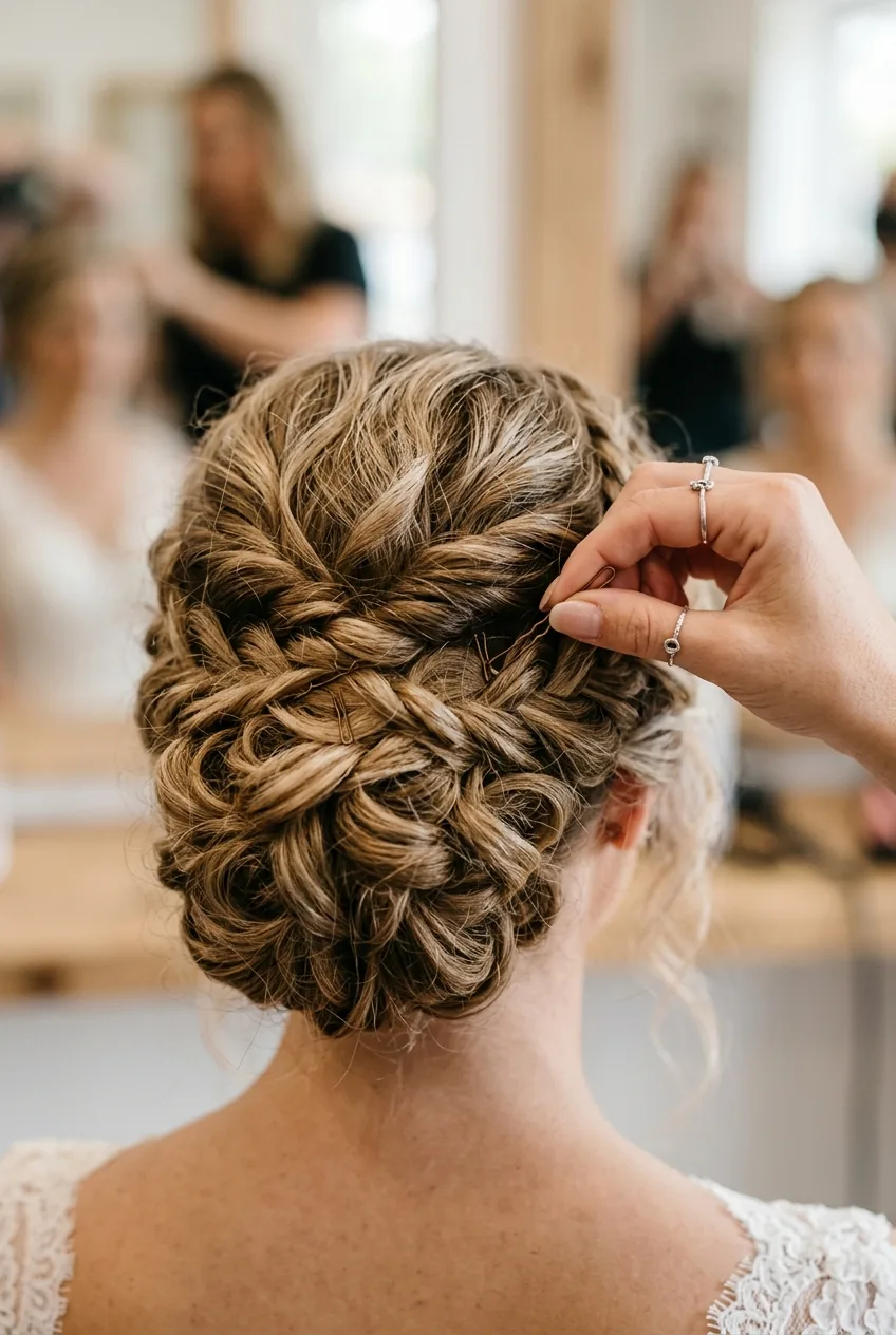 Close-up of stylist hands placing bobby pins into textured bridal updo showing technique