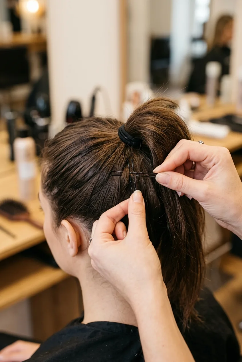Bobby pins being inserted through ponytail elastic and hair loops showing precise pin placement method