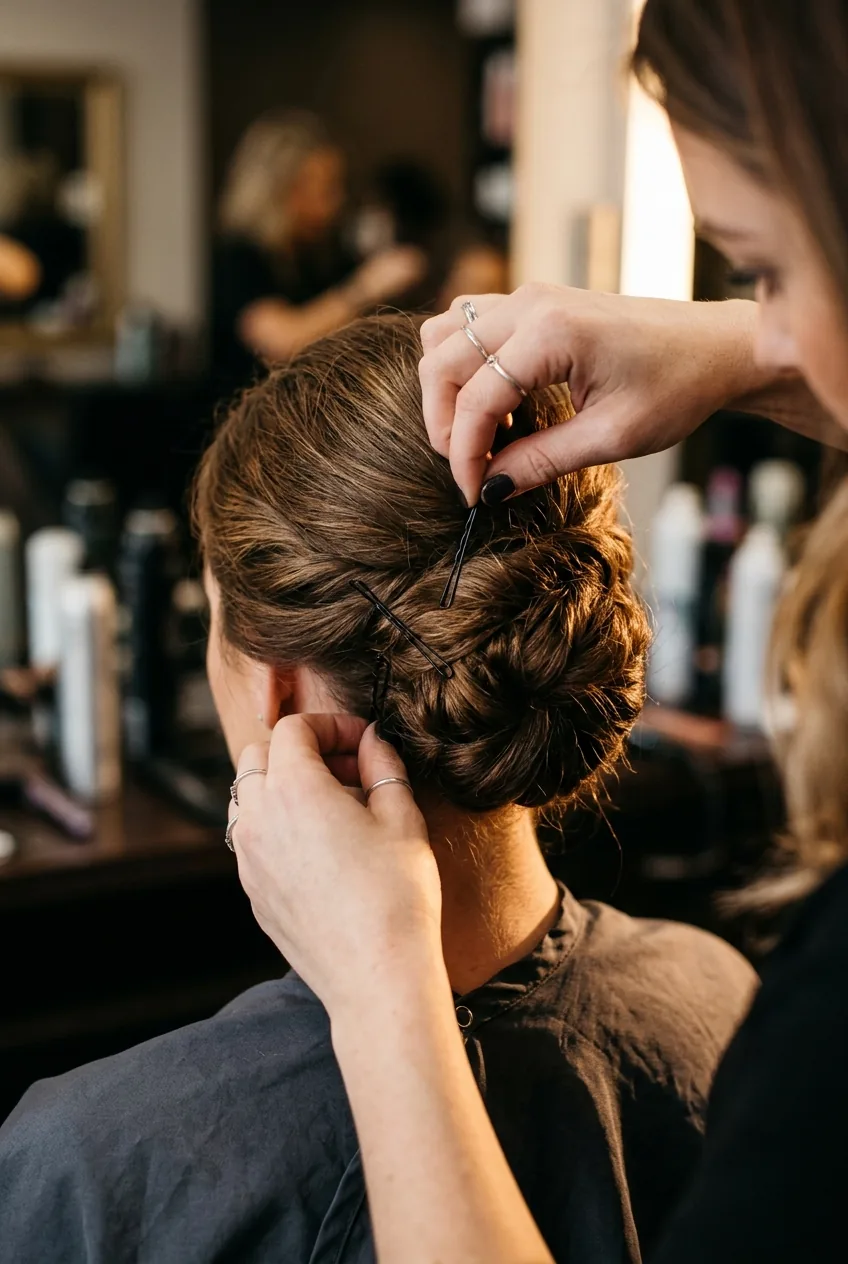 Close-up of hairstylist's hands inserting bobby pins into updo foundation at neck
