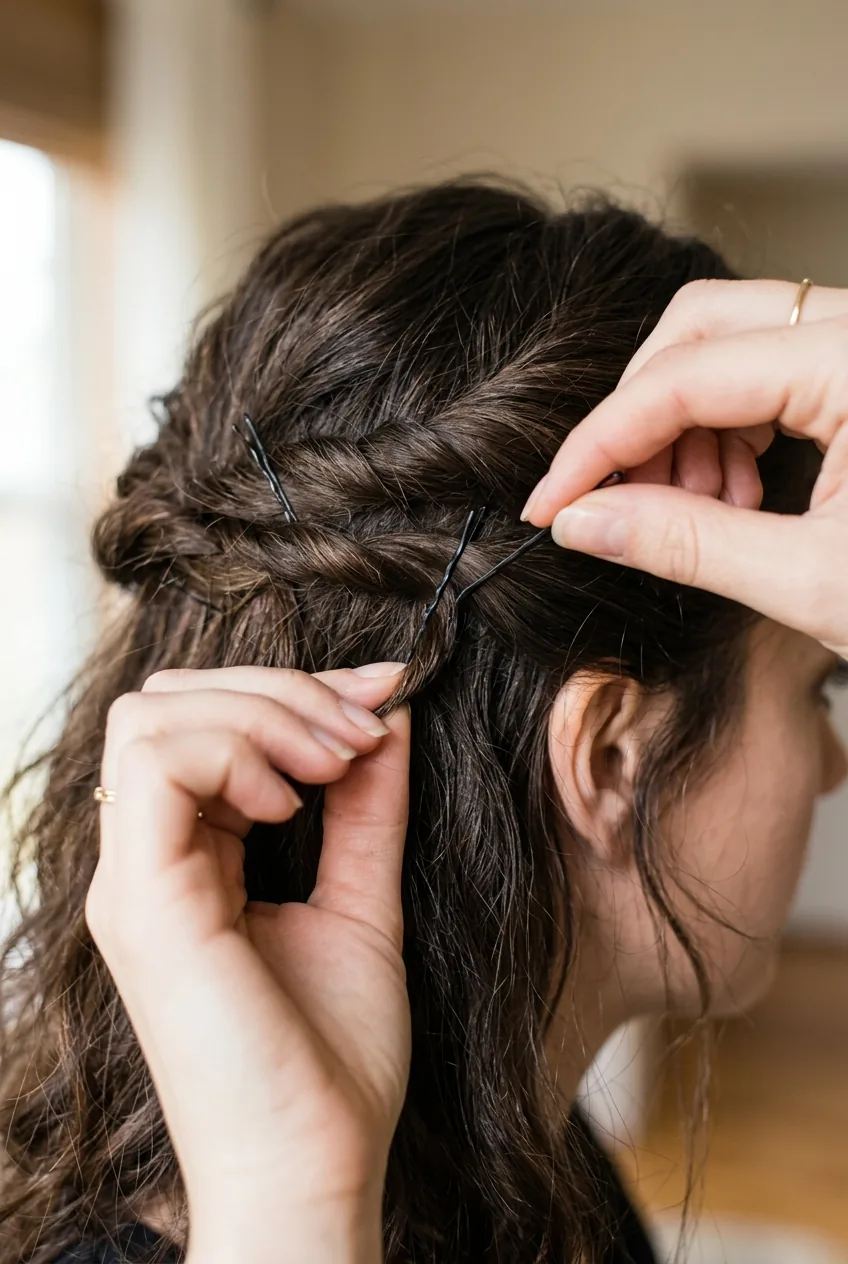 Close-up detail shot of bobby pin placement technique in half up hairstyle showing texture