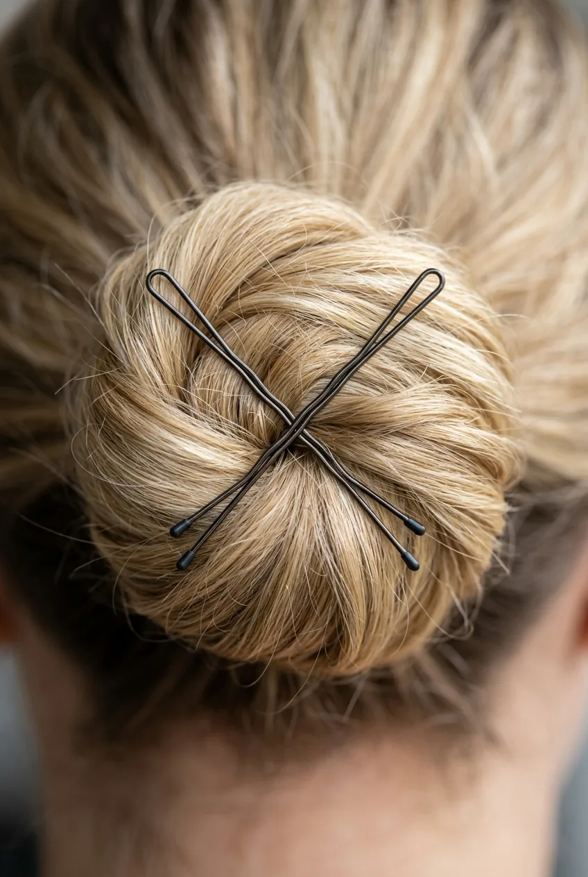 Macro detail shot of bobby pins arranged in X-pattern securing hair bun showing proper insertion technique