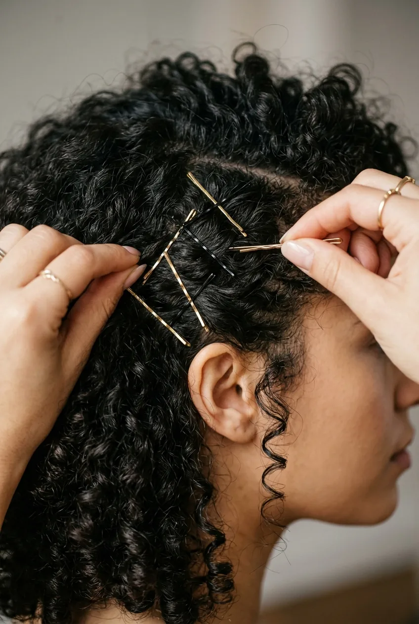 Hands demonstrating X-pattern bobby pin placement technique in curly updo hair