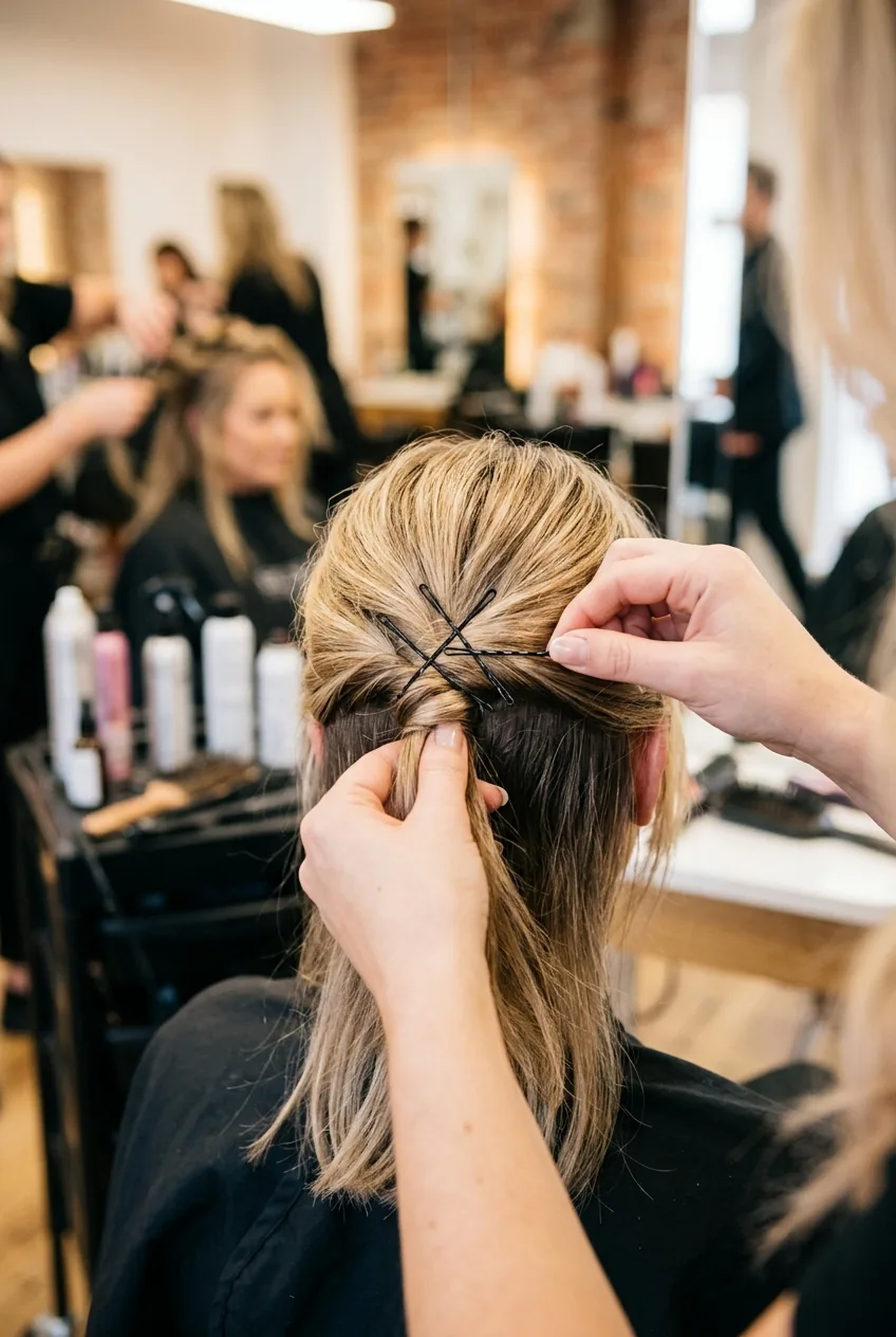 Hands demonstrating X-pattern bobby pin technique to secure half-up hairstyle section