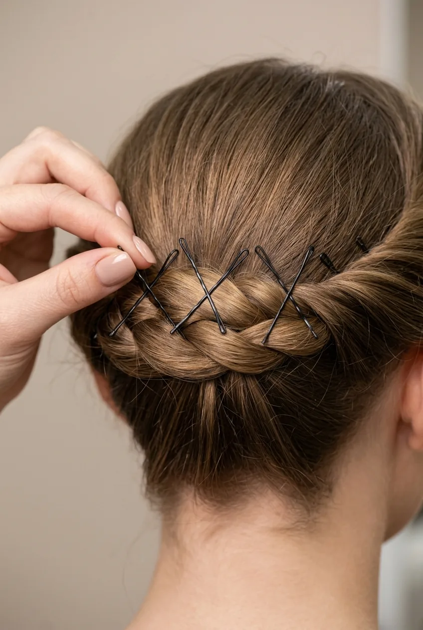 Demonstration of bobby pin insertion at 45-degree angles creating X-pattern structure through twisted hair