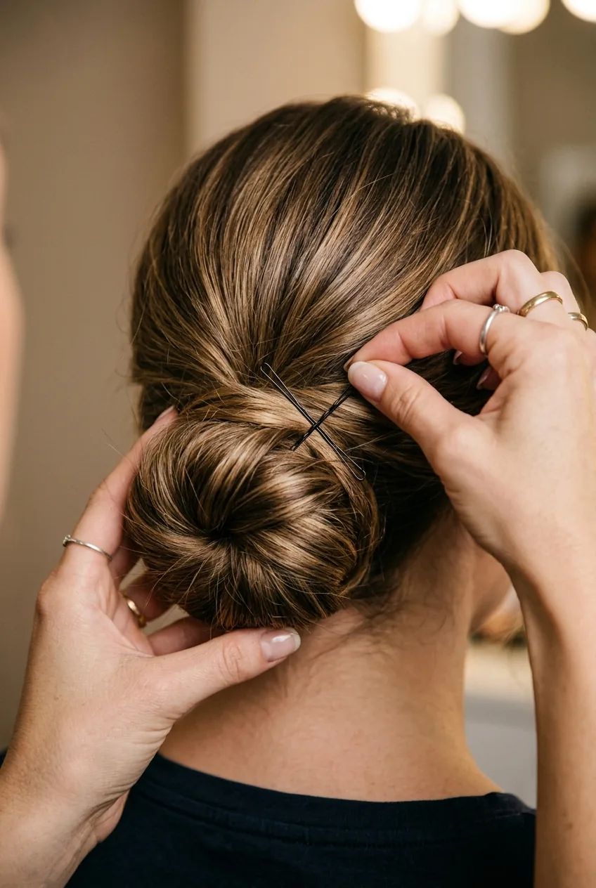 Close-up of hands demonstrating proper X-pattern bobby pin placement technique in low chignon