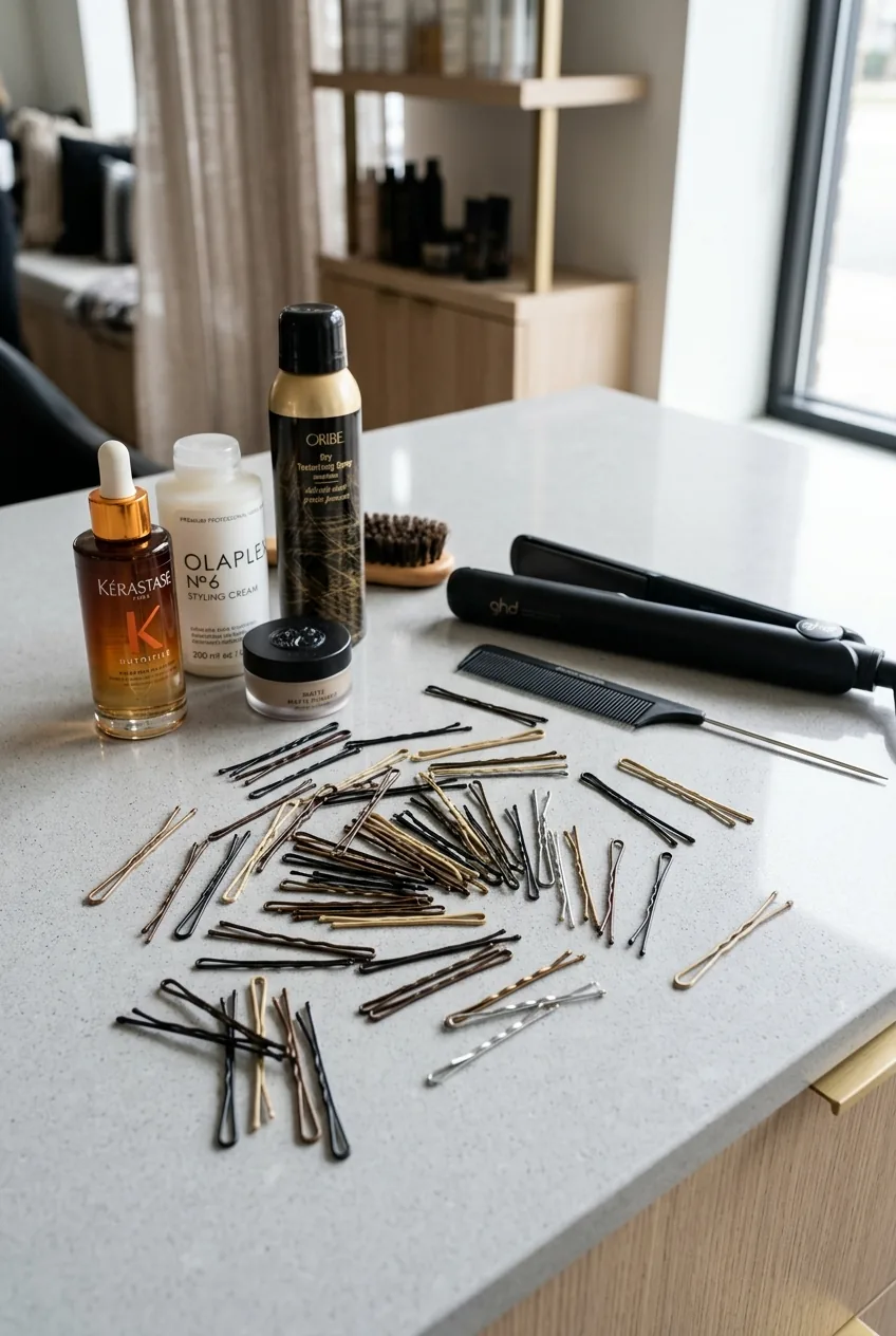Various colored bobby pins scattered on salon counter with hair styling products and tools