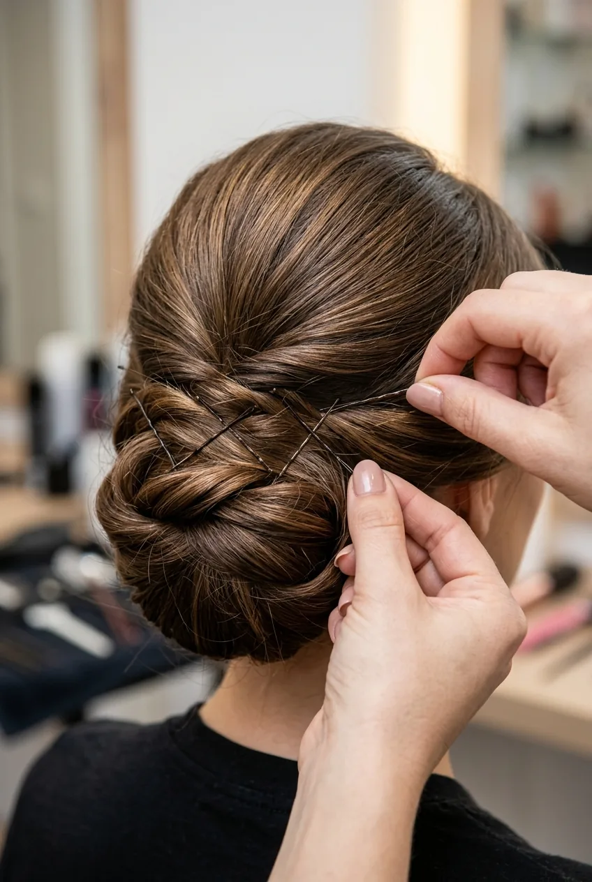 Bobby pins being inserted in criss-cross X pattern to secure formal chignon hairstyle