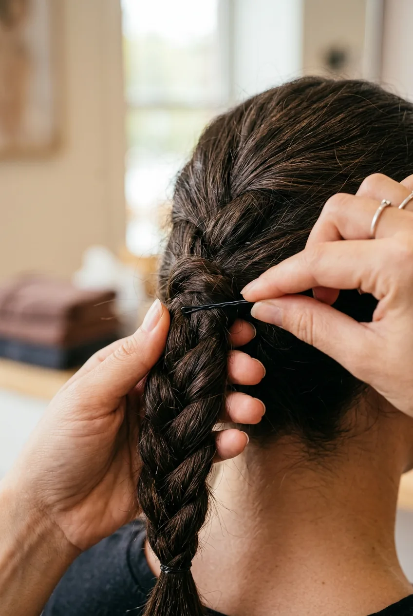 Close-up of fingers inserting bobby pins to secure sections of a braided ponytail