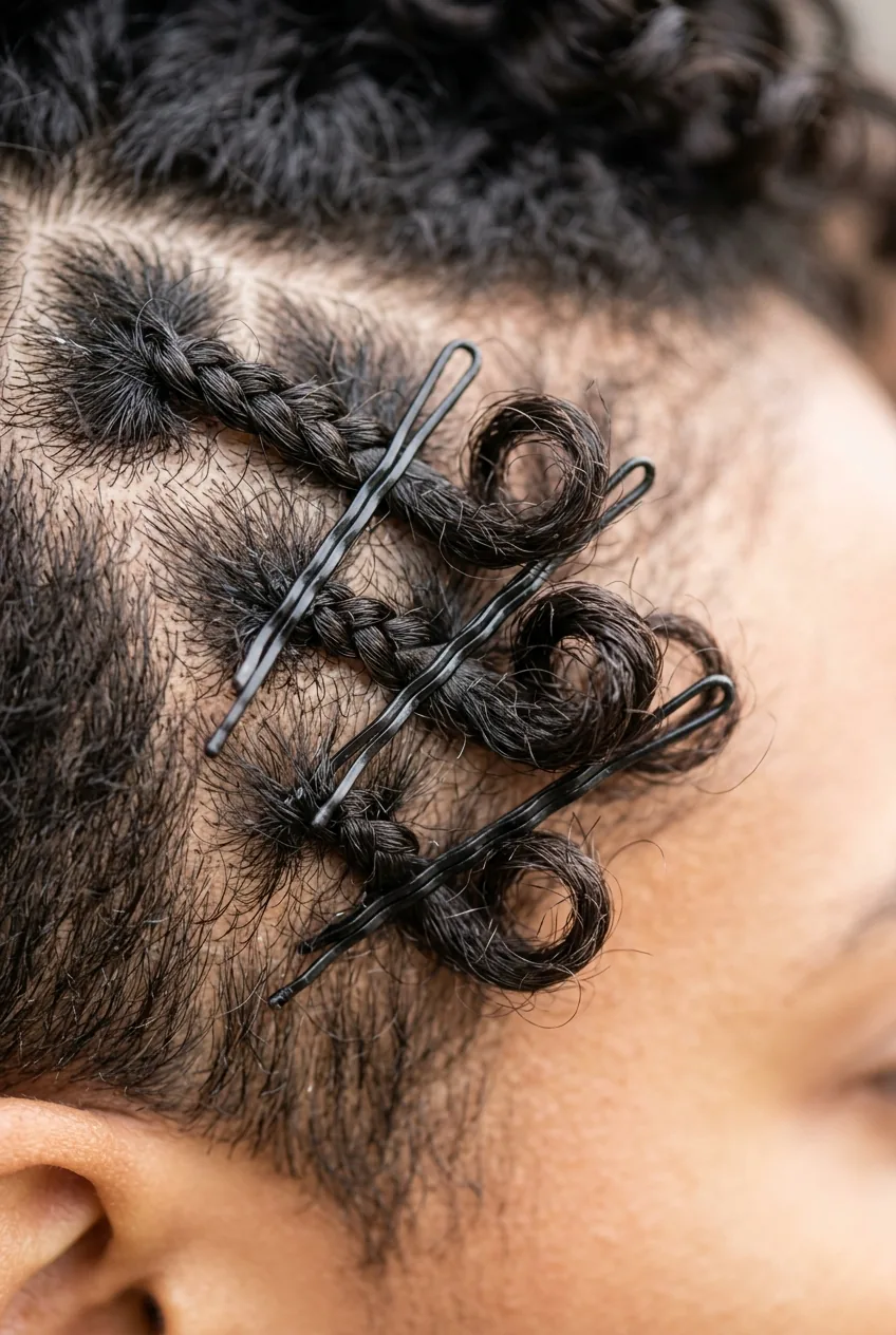 Bobby pins strategically placed to secure short braids with individual hair strands visible