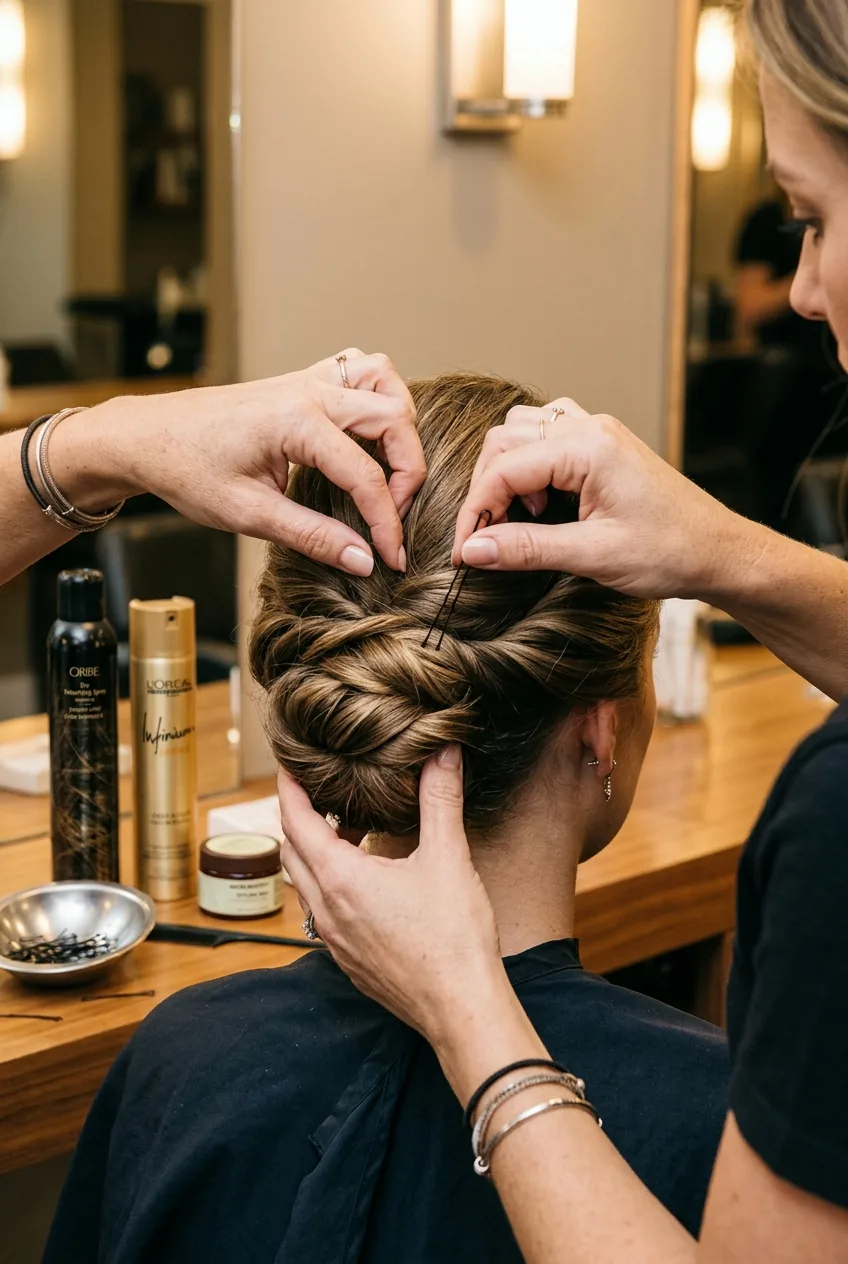 Hairstylist's hands placing bobby pins into formal chignon with professional tools on salon counter