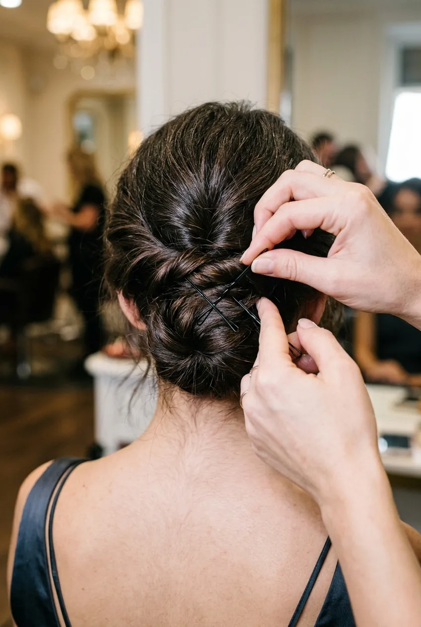 Stylist threading bobby pins into twisted hair section using X-pattern securing technique