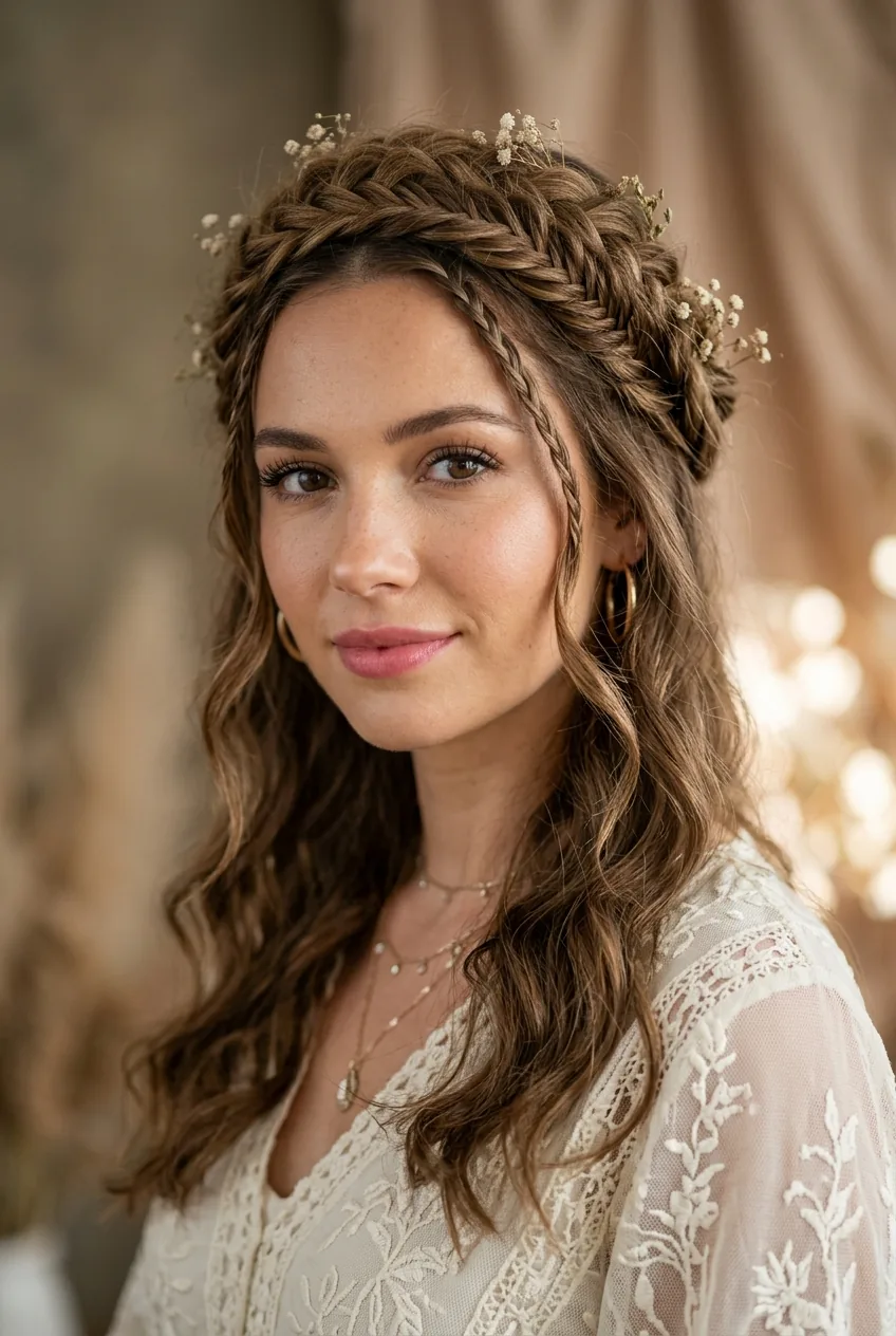 Woman with bohemian braided crown hairstyle featuring delicate braid and loose waves