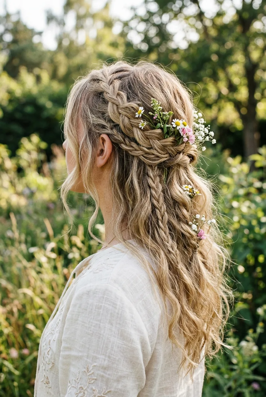 Bohemian braided half up style with loose braids woven through tousled waves and fresh flowers