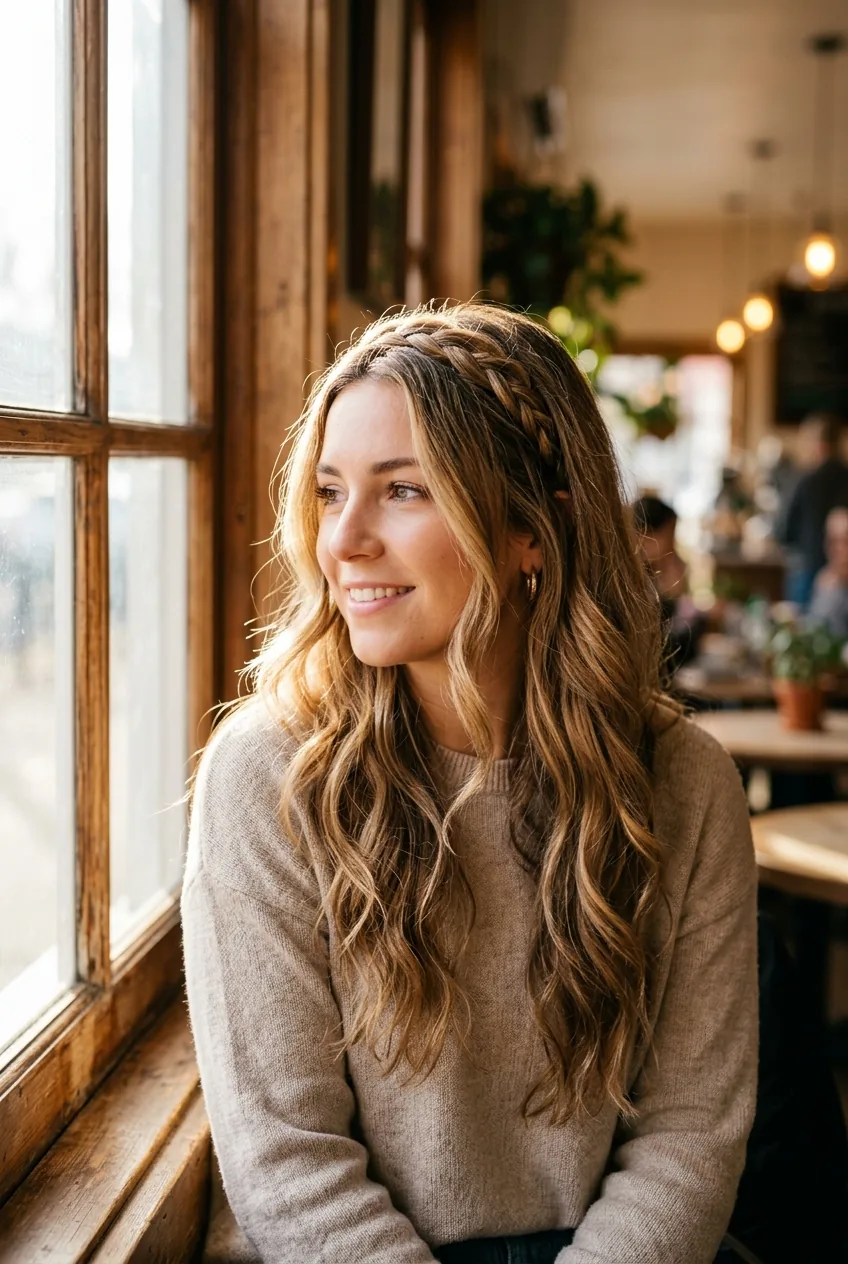 Woman with bohemian braided headband style flowing into loose waves in cafe setting
