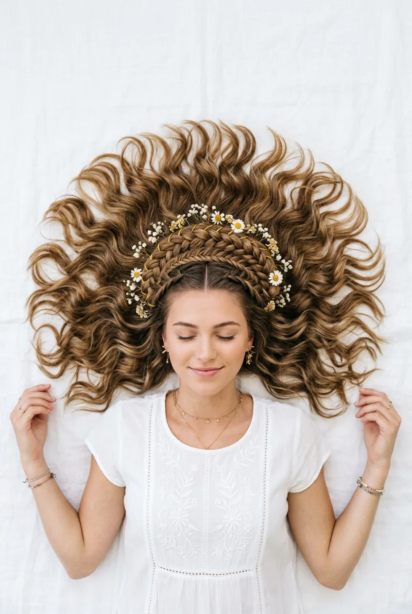 Bohemian half up crown braid with intricate plaiting across top and loose beachy waves below