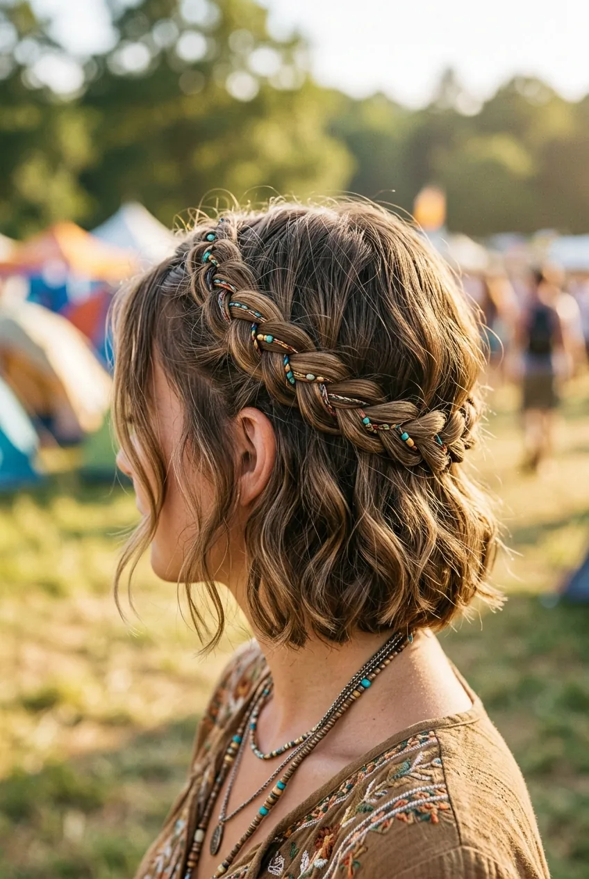 Bohemian headband braid wrapping from ear to ear on short hair with natural waves