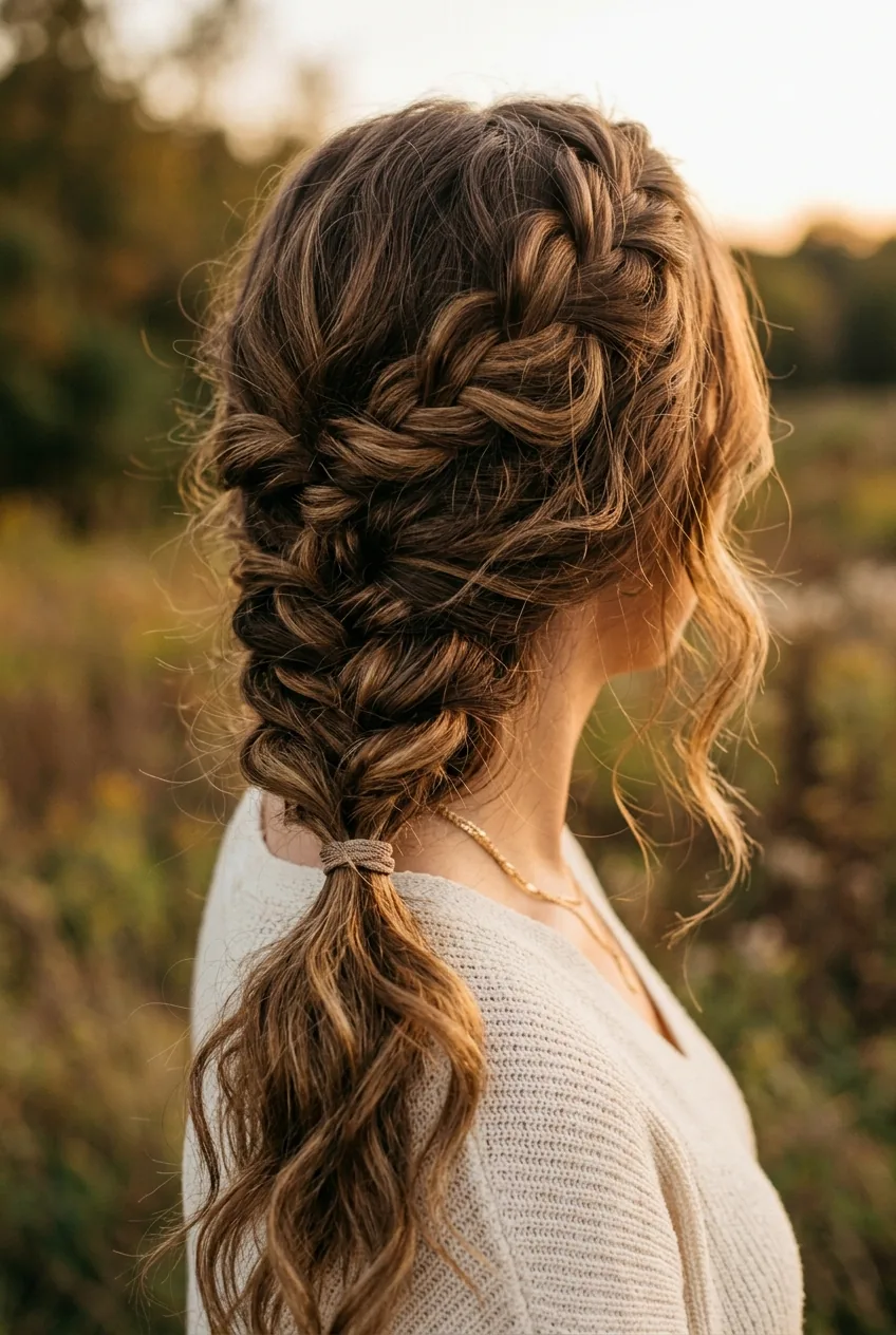 Loose bohemian braid with deliberately pulled sections creating volume and texture in wavy hair