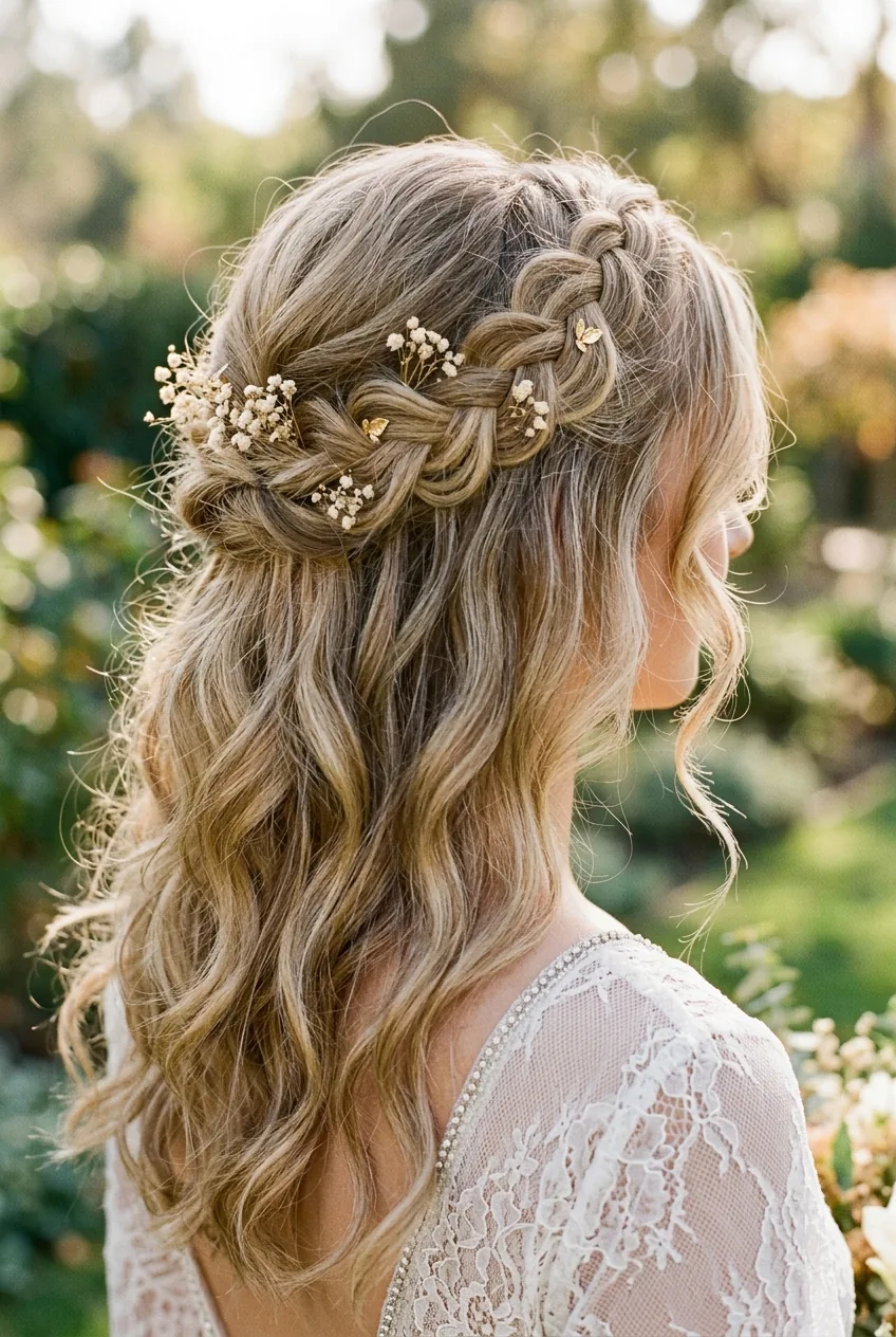 Bohemian side braid half-up style with loose braid curving around head and natural textured waves