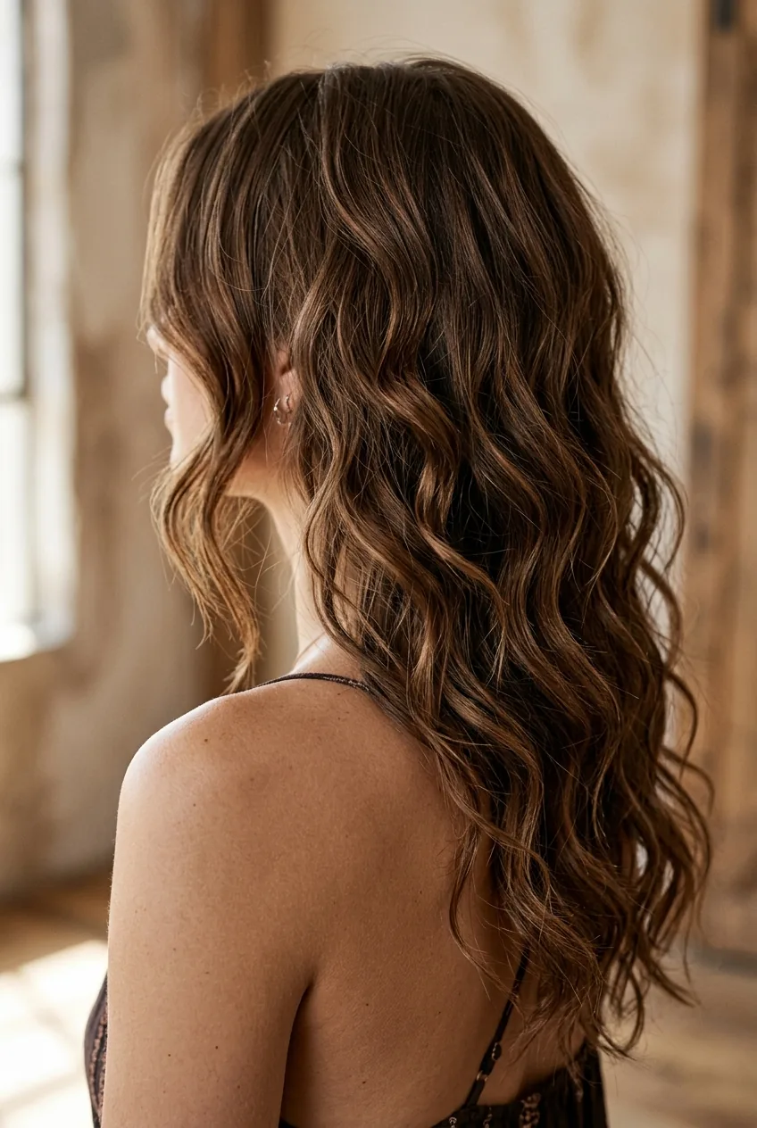 Modern bohemian textured waves showing varied layer lengths with artistic free-spirited movement