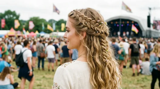 Woman showing completed braided half up boho hairstyle with loose waves and organic braid placement