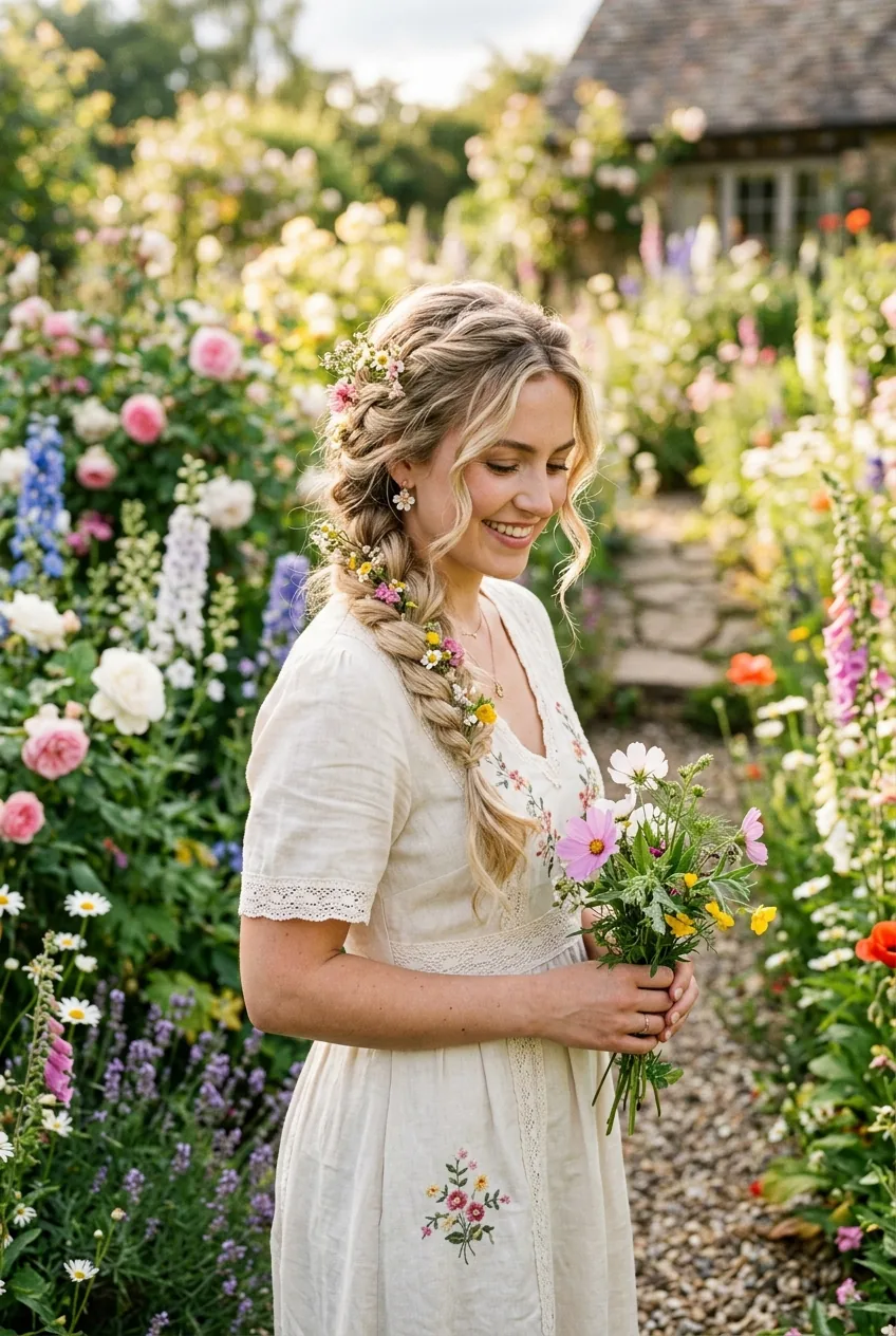 Woman with boho side-swept braid cascading over one shoulder in romantic garden setting