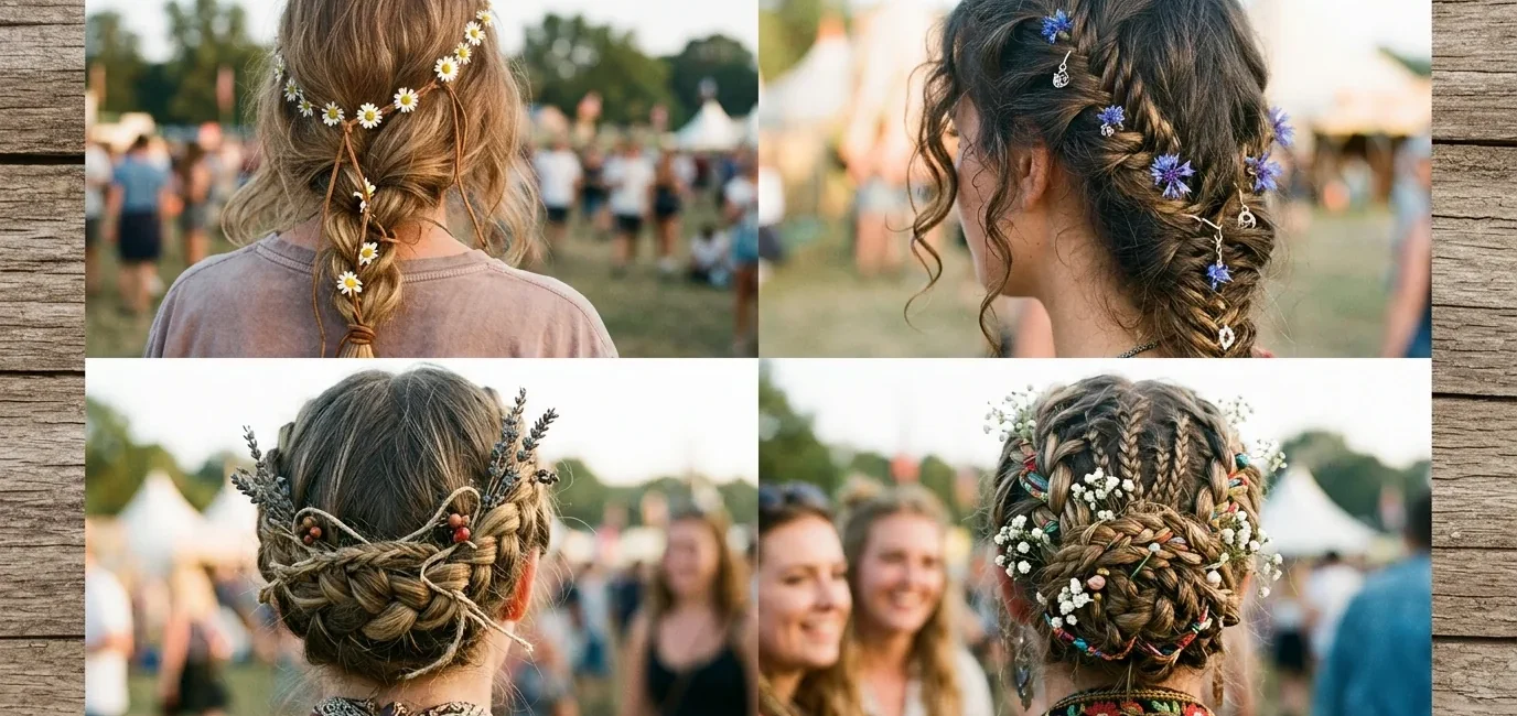 Collection of women with various bohemian short braids in outdoor festival setting with natural lighting