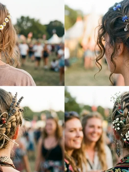 Collection of women with various bohemian short braids in outdoor festival setting with natural lighting