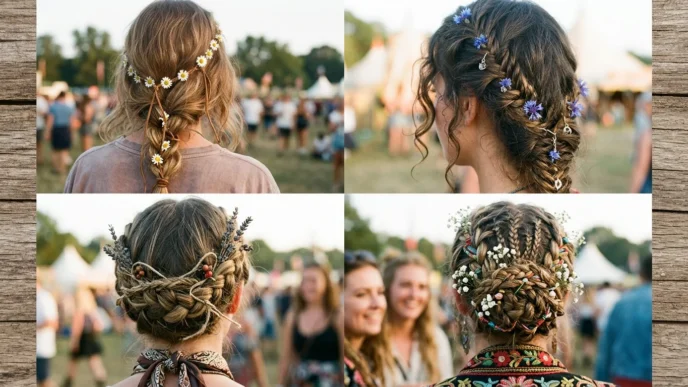 Collection of women with various bohemian short braids in outdoor festival setting with natural lighting