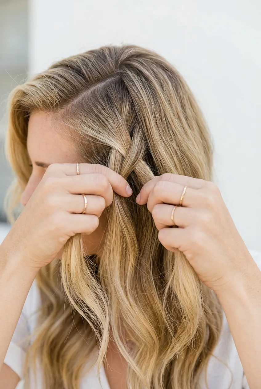 Fingers creating loose side braid for boho half-up hairstyle