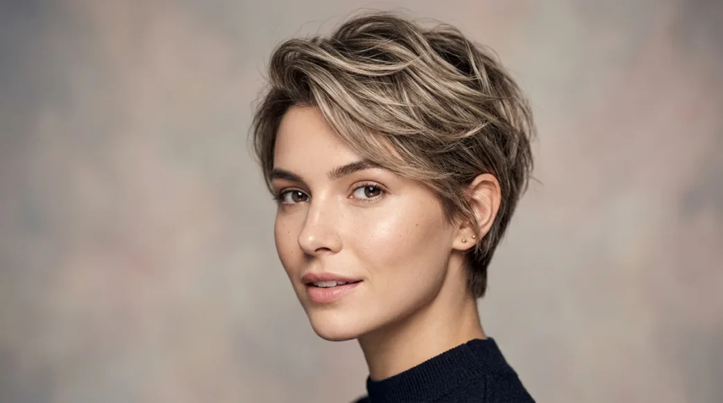 Woman with textured boy cut showing piece-y layers and natural movement in studio lighting