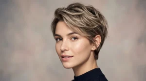 Woman with textured boy cut showing piece-y layers and natural movement in studio lighting