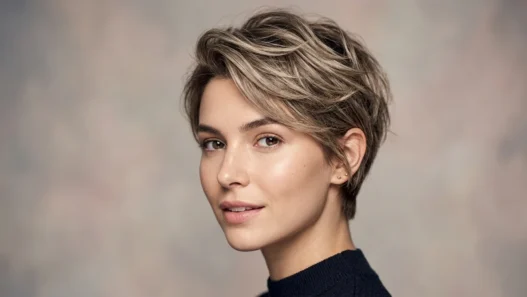 Woman with textured boy cut showing piece-y layers and natural movement in studio lighting