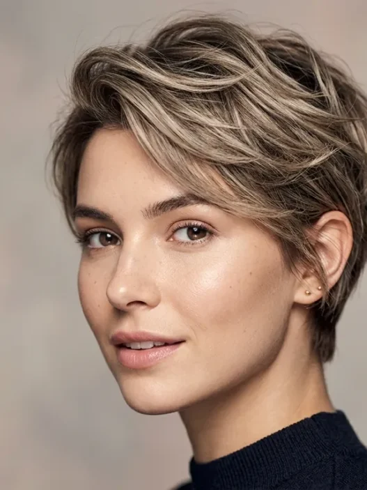 Woman with textured boy cut showing piece-y layers and natural movement in studio lighting