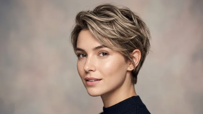 Woman with textured boy cut showing piece-y layers and natural movement in studio lighting